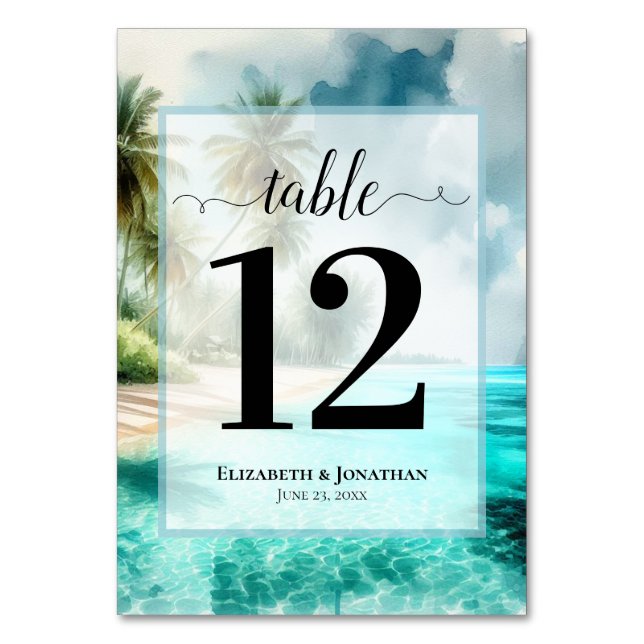 Tropical Beach with Palm Trees Elegant Wedding Table Number (Front)