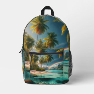 Tropical Beach With Rainbow And Palm Trees Printed Backpack