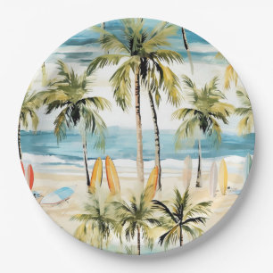 Tropical Beach with Surfboards Paper Plate