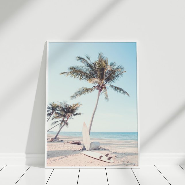 Tropical Beach with Surfboards Poster (Tropical Beach with Surfboards Poster in white frame on white wooden floor.)