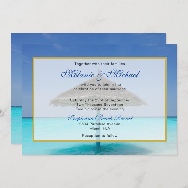 Tropical Beach with Thatched Umbrella Wedding Invitation (Front/Back)