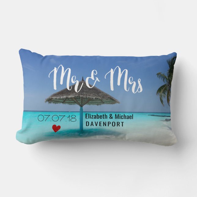 Tropical Beach with Thatched Umbrella Wedding Lumbar Cushion (Front)