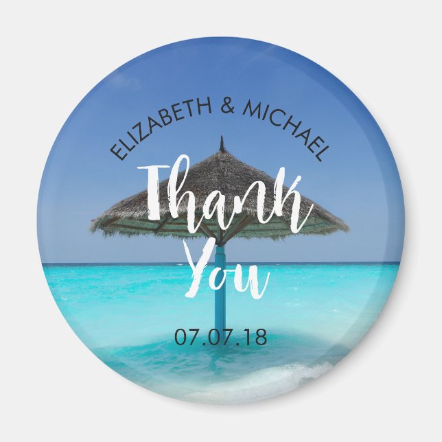 Tropical Beach with Thatched Umbrella Wedding Magnet (Front)