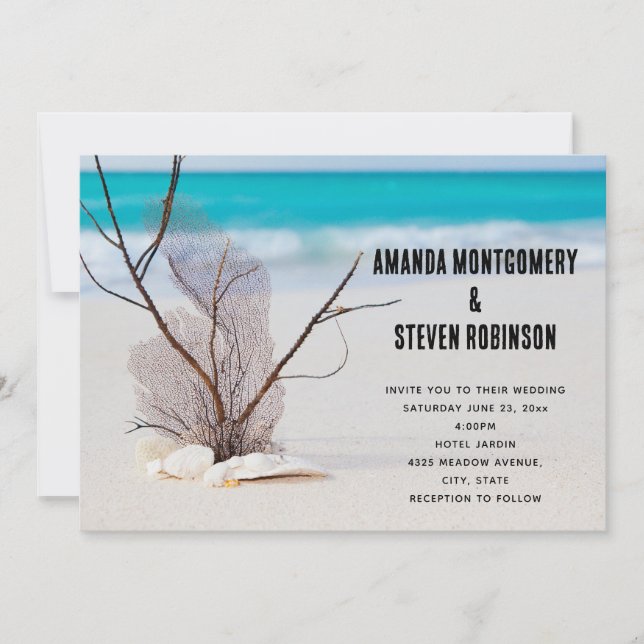  Tropical Beach with White Seashells Wedding Invitation (Front)