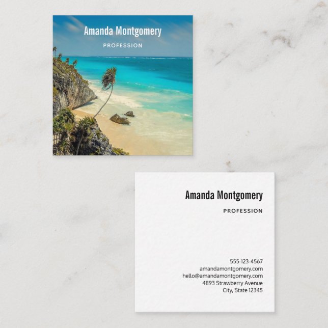 Tropical Beach with Wind Swept Palm Trees Square Business Card (Front/Back)