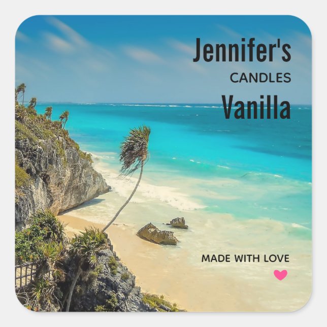 Tropical Beach with Wind Swept Palms - Candle Biz Square Sticker (Front)