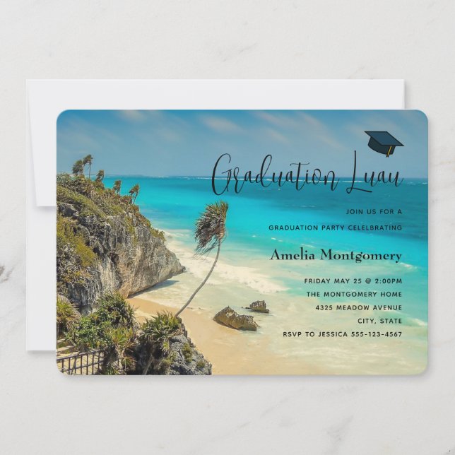 Tropical Beach with Wind Swept Palms Graduation Invitation (Front)