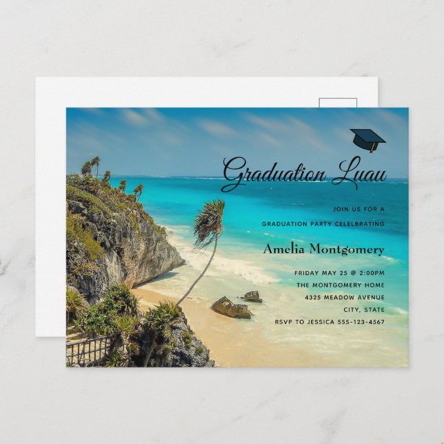 Tropical Beach with Wind Swept Palms Graduation Invitation Postcard (Front/Back)