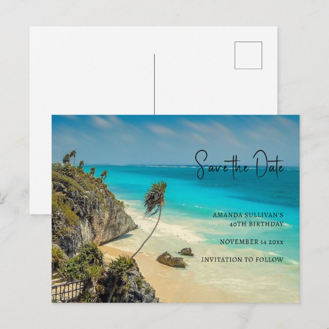 Tropical Beach with Wind Swept Palms Save the Date Invitation Postcard (Front/Back)