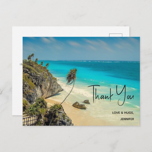 Tropical Beach with Wind Swept Trees Thank You Postcard (Front/Back)