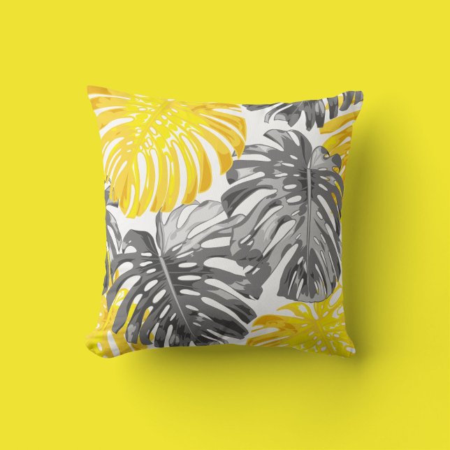 Tropical Beach Yellow Grey Modern Jungle Leaves Cushion (Creator Uploaded)