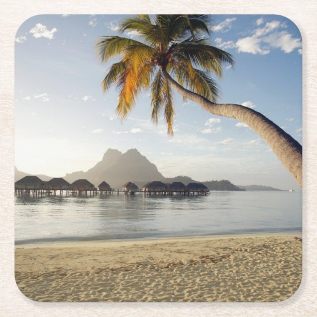 Tropical Beaches | Beach Huts, Bora Bora Square Paper Coaster (Front)