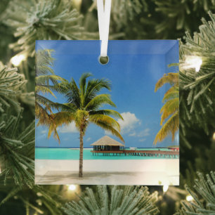 Tropical Beaches Island & Lagoon, Maldives Glass Tree Decoration