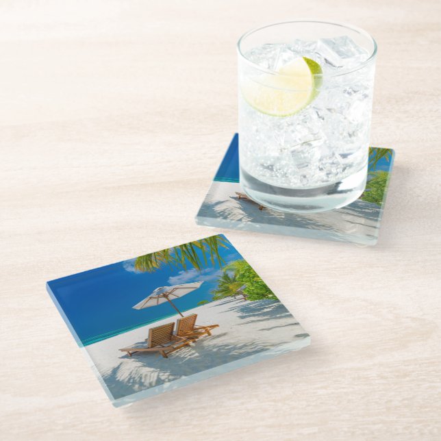 Tropical Beaches | Lounge Chairs Beach, Bora Bora Glass Coaster (Angled)