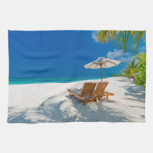 Tropical Beaches Lounge Chairs Beach, Bora Bora Tea Towel