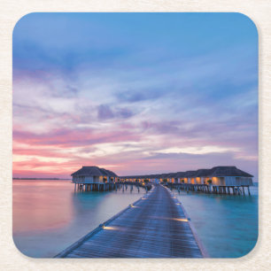 Tropical Beaches Maldives Bungalows Square Paper Coaster
