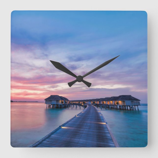 Tropical Beaches | Maldives Bungalows Square Wall Clock (Front)