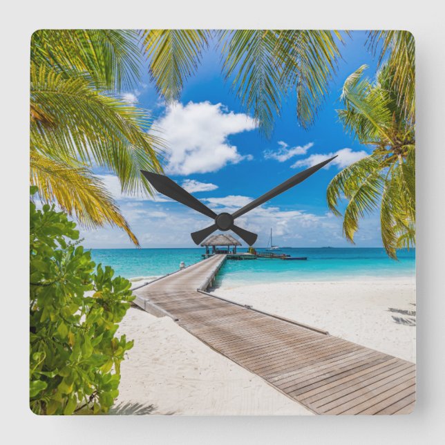 Tropical Beaches | Maldives Island Wooden Jetty Square Wall Clock (Front)