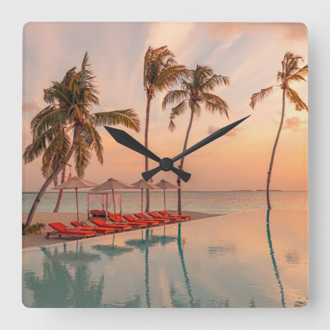 Tropical Beaches | Maldives Tropical Beach & Pool Square Wall Clock (Front)