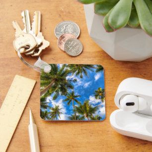 Tropical Beaches Palm Trees on Blue Sky Key Ring
