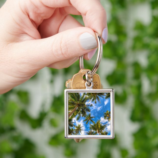 Tropical Beaches | Palm Trees on Blue Sky Key Ring (Hand)