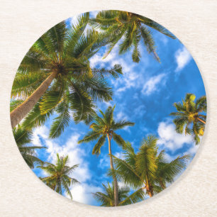 Tropical Beaches   Palm Trees on Blue Sky Round Paper Coaster
