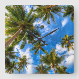 Tropical Beaches   Palm Trees on Blue Sky Square Wall Clock