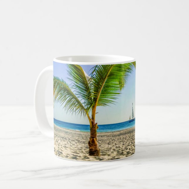 Tropical Beaches | Sailboat, Palm Tree, Aruba Coffee Mug (Front Left)