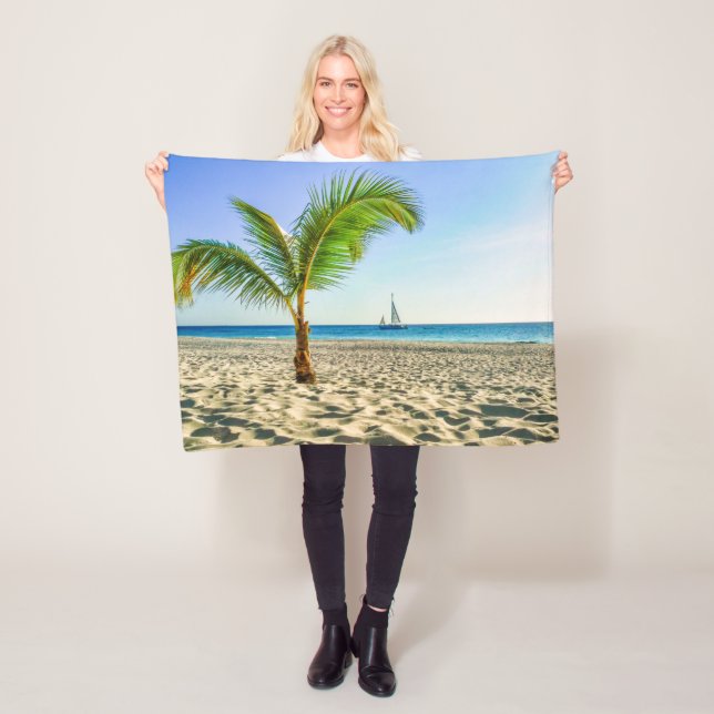 Tropical Beaches | Sailboat, Palm Tree, Aruba Fleece Blanket (In Situ)