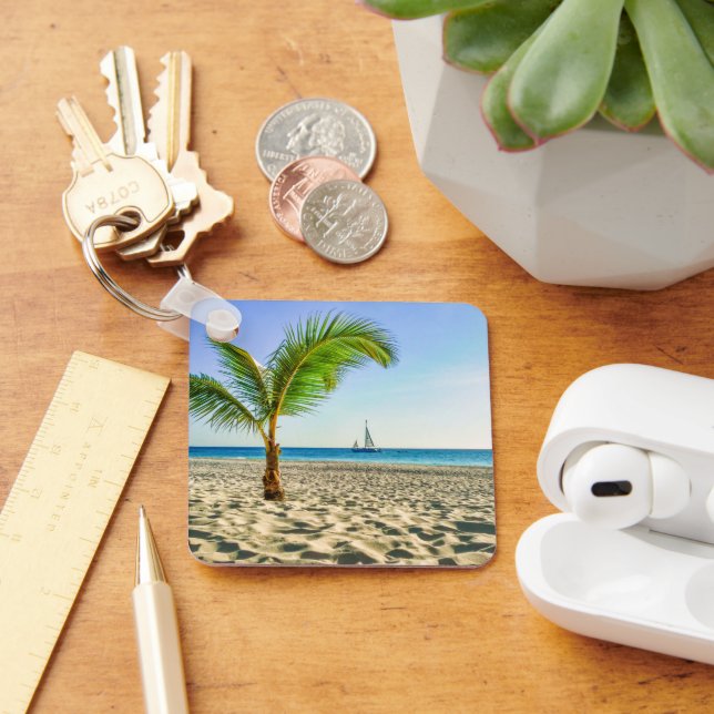 Tropical Beaches | Sailboat, Palm Tree, Aruba Key Ring (Desk)