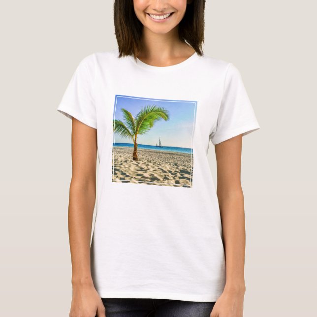 Tropical Beaches | Sailboat, Palm Tree, Aruba T-Shirt (Front)