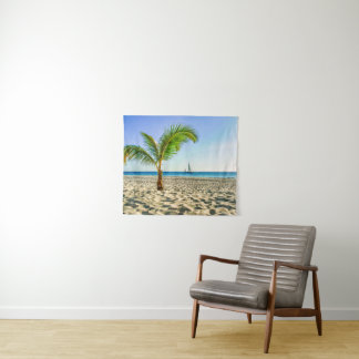 Tropical Beaches | Sailboat, Palm Tree, Aruba Tapestry