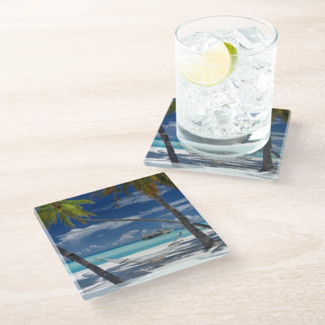 Tropical Beaches | Sandy Beach, Maldives Glass Coaster (Angled)