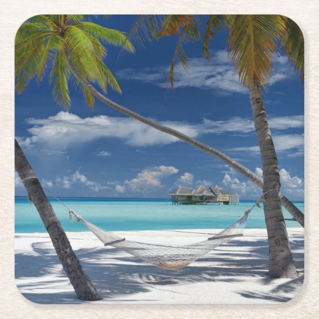 Tropical Beaches | Sandy Beach, Maldives Square Paper Coaster (Front)