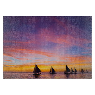 Tropical Beaches Sunset Sailboats, Phillipines Cutting Board