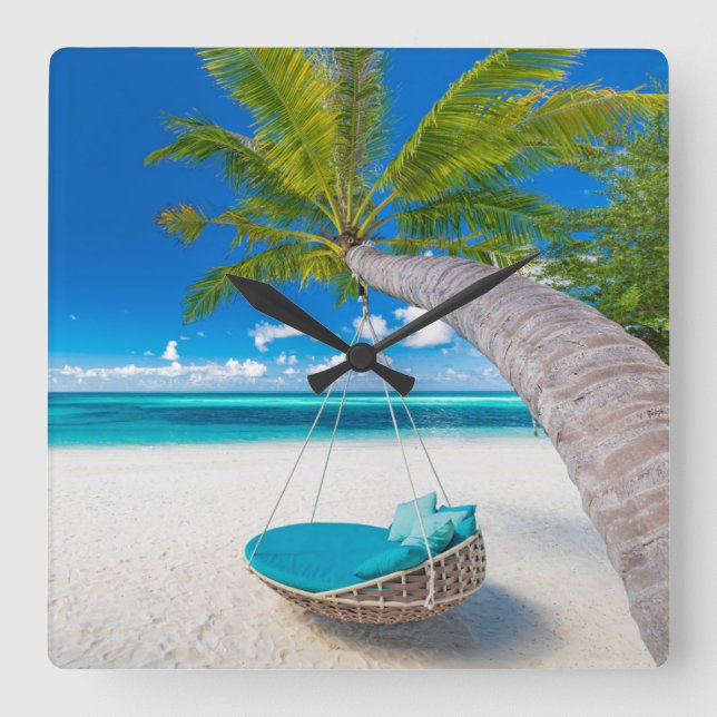 Tropical Beaches | Tropical Landscape Beach Swing Square Wall Clock (Front)