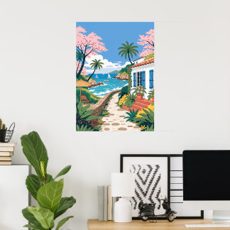 Tropical Beachside Villa with Boats Poster