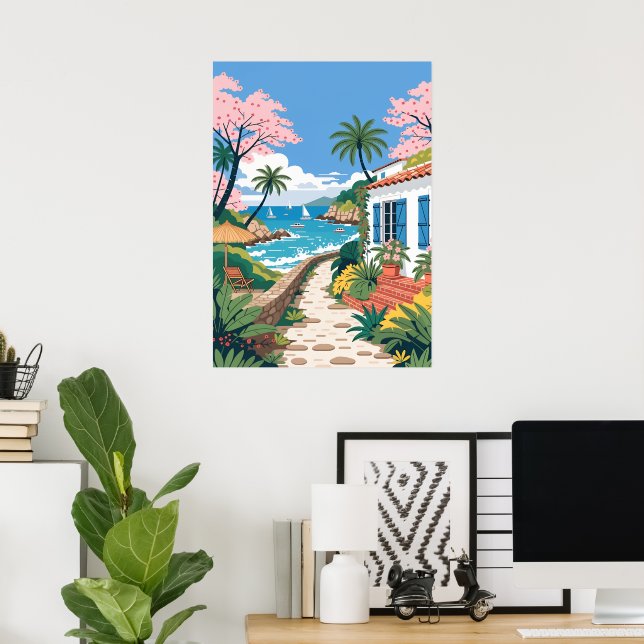 Tropical Beachside Villa with Boats Poster (Home Office)