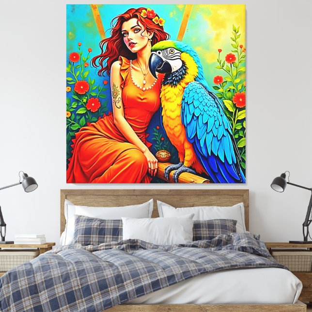 Tropical Beauty and Blue Parrot Design Canvas Print (Insitu(Bedroom))