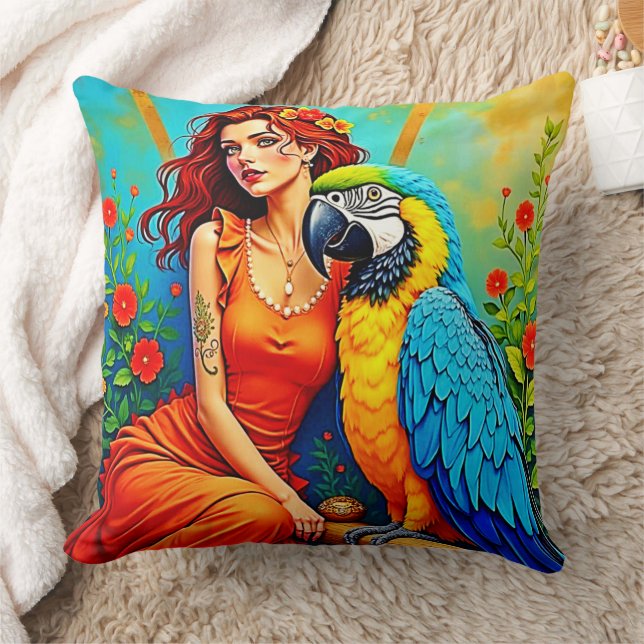 Tropical Beauty and Blue Parrot Design Cushion (Blanket)
