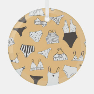 Tropical Bikini: Hand-Drawn Summer Pattern Glass Tree Decoration