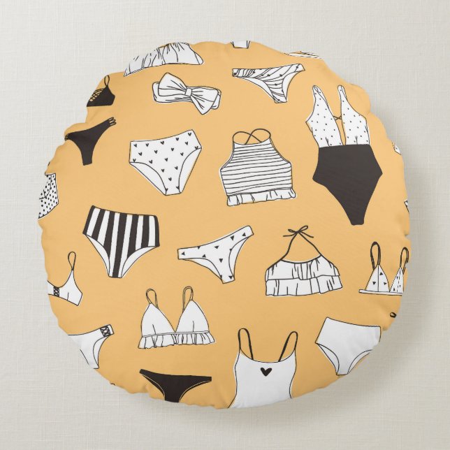 Tropical Bikini: Hand-Drawn Summer Pattern Round Cushion (Front)