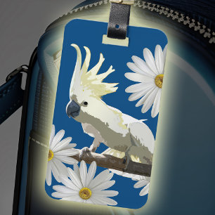 Tropical Bird Blue & White Cockatoo Daisy Flowers Luggage Tag