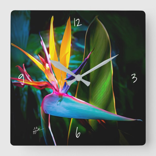Tropical Bird of Paradis Floral Nature Fine Art Square Wall Clock (Front)