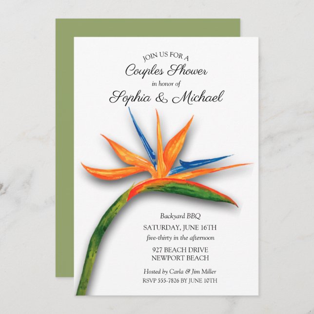 Tropical Bird of Paradise Couples Shower Invites (Front/Back)