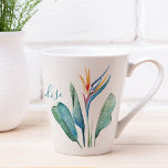 Tropical Bird of Paradise Green Palm Leaves Latte Mug<br><div class="desc">Bring the warmth of summer to your home with these unique tropical latte mugs, featuring a vibrant watercolor bird of paradise and lush palm leaves on a crisp white background. The hand-lettered script in turquoise blue reads "Welcome to Our Paradise, " adding a charming beach vibe to your morning coffee...</div>