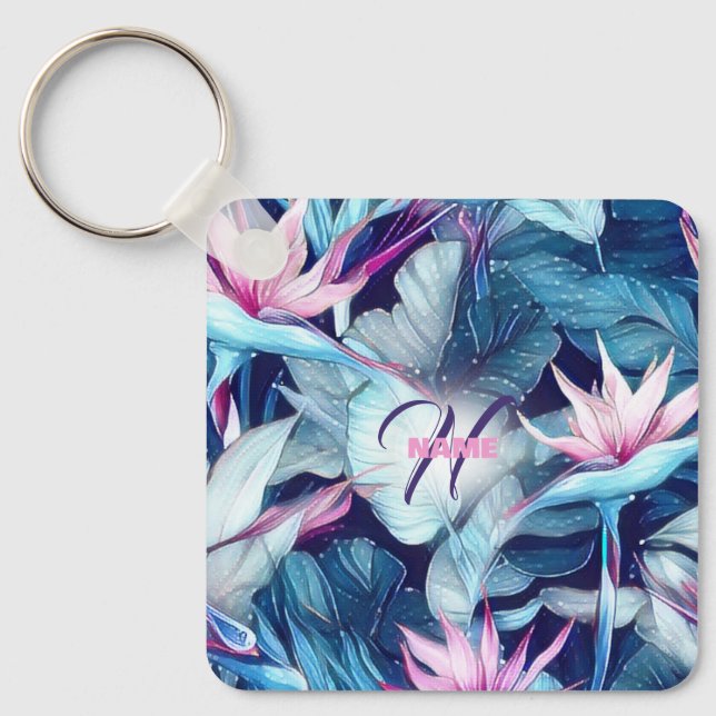 Tropical Bird of Paradise Monogram Key Ring (Front)
