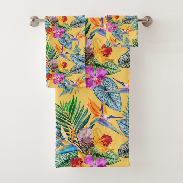 Tropical Bird Of Paradise & Orchid Summer Garden  Bath Towel Set (Insitu)