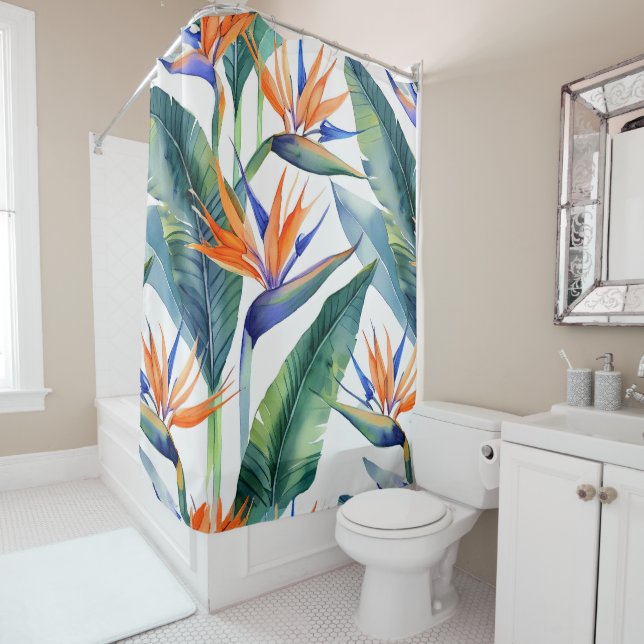 Tropical Bird of Paradise pattern Shower Curtain (In Situ)