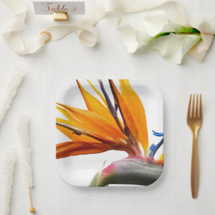Tropical Bird of Paradise Plant on White Floral Paper Plate
